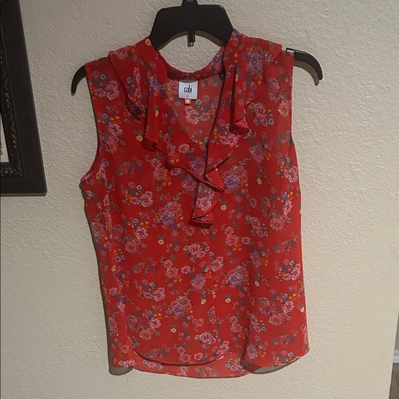 CAbi Tops - Cabi Sheer Red Floral Ruffle Blouse Sleeveless Size Small Lightweight Top